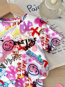 可爱酷炫的涂鸦脸印花，休闲简约宽松圆领短袖T恤和紧身自行车短裤套装，适合春夏季，酷炫服装系列，夏季服装，海滩模式，Bikercore - 彩色 - 查看 4