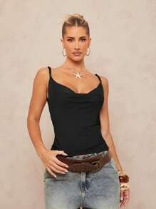 Lumalex 低胸金属链装饰露背吊带背心，腰部收紧 - 黑色 - 查看 8