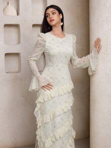 Veilorie Đầm Ả Rập dài tay cổ bèo nhún thanh lịch cho nữ - Màu vàng - Xem 4