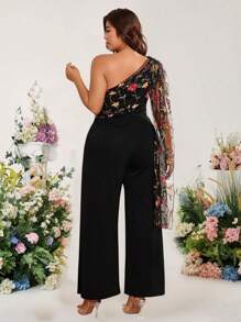 Cravure Plus Size Women's Patchwork Mesh Embroidered Shawl Elegant Jumpsuit - Multicolor - View 2