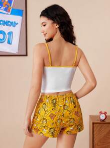 GARFIELD | SHEIN Women's Camisole Top & Shorts Pajama Set, Yellow Contrast, White Top, Homewear, Cartoon Pattern, Cute Pattern, Cute Pajama Set, Graphic Pajama Set, Back To School, Y2K, Casual - Yellow - View 2