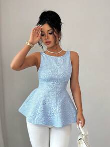 Elenzga Neuer Frühlings-Sommer Damen Urlaubs-Lässig eleganter Jacquard-Stoff schlanker kurzer exquisiter Oberteil mit offenem Rücken, Schleifen-Dekoration, schlanker Rüschen-Saum, modisch und vielseitig mit floralem Texturmuster, elegante junge Pendler-Party-Date-Mode, junger neuer Sommer, hellblauer floraler Textur-Stoff Damen-Oberteil - Babyblau - Übersicht 6
