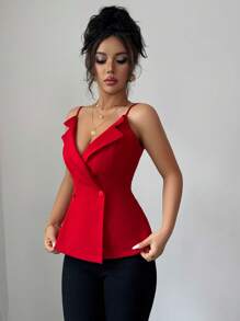 Elenzga 女士春夏法式浪漫西西里优雅休闲办公室旅行下午茶派对装饰V领双排扣吊带上衣 - 紅色 - 查看 3