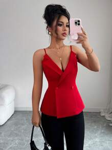 Elenzga 女士春夏法式浪漫西西里优雅休闲办公室旅行下午茶派对装饰V领双排扣吊带上衣 - 紅色 - 查看 6