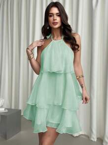 Firerie 情人节新款优雅浪漫约会露背多层下摆白色欧根纱挂脖A字裙泡泡裙洛丽塔连衣裙 - 薄荷藍 - 查看 3