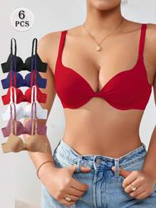 DesireSculpt 6pcs/Pack Women Casual Solid Color Detachable Shoulder Strap Soft Bow Cup Steel-Ring Support Lingerie Bra - Multicolor - View 2