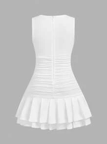 SHEIN Serisse Kids Vestido curto casual para meninas adolescentes com decote redondo, sem mangas, franzido lateral e tie-dye