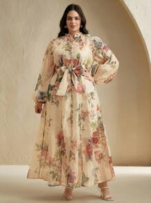 Anewsta Plus Size Boho Floral Print Long Dress With Extra Long Sleeves And Stand Collar - Apricot - View 5