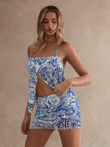 Glamine 2pcs/Set Printed Sexy Casual Vacation Set, Summer,Summer Outfits For Women,2 Pieces Sets Woman - Blue - View 5