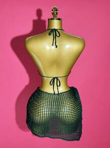 Slaydiva 2025夏季新款，适合生日派对、日常出行、休闲度假、邮轮旅行、海滩、海边、日光浴等场合，基础百搭，线上热销单品，露背吊带，性感露背紧身裤，短款不对称下摆上衣和不对称侧边吊带裙，透视纹理，闪亮亮片，夏季毛衣套装，秋冬女士毛衣套装