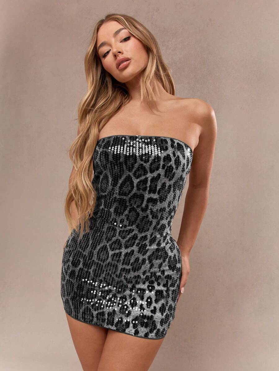 MISSGUIDED 亮片抹胸迷你连衣裙，适合派对、夜店、晚宴、假日、新年庆祝活动，尽显迷人风采。 - 黑色 - 查看 1