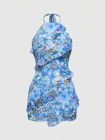 ROMWE Avant Vestido mini de mujer con estampado de leopardo y floral, estilo vintage de vacaciones de Y2K