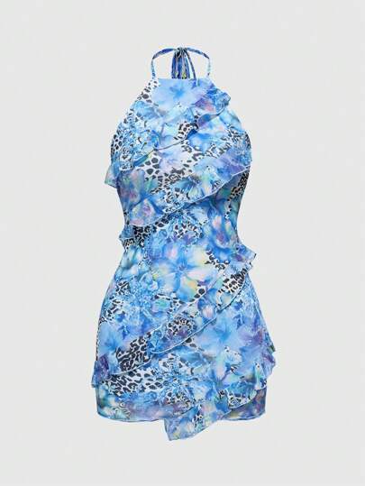 ROMWE Avant Vestido mini de mujer con estampado de leopardo y floral, estilo vintage de vacaciones de Y2K