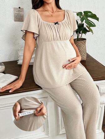 Moonlight & Mama 2 件罗纹针织褶饰孕妇家居服套装，休闲舒适