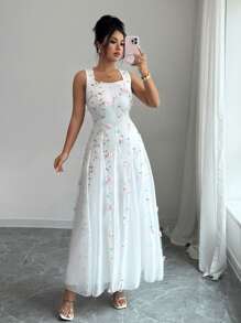 Rafferiza 女士优雅 A 字形连衣裙，3D 花卉装饰，方领，网眼拼接，束腰，适合派对和婚礼，春夏季 - 彩色 - 查看 4