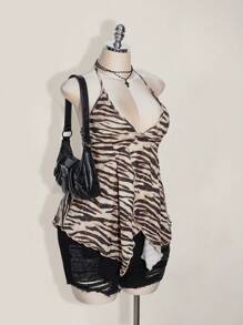 SHEIN ICON Plus Size Women's Sexy Backless Zebra Print Summer Top, Suitable For Summer Vacation, Festivals Leopard Print - Multicolor - View 4