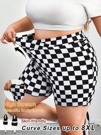 SHEIN CURVE+ Plus Size Gym Women Clothes,Black & White Plaid Print Slim Fit Leggings, Casual For Vacation,Spring Summer Clothes/Graphic Tees Plus Size Checkered Shorts Plus Size High Waist Shorts Black And White Checkered Shorts Women Plus Size Shorts High Waisted Checkered Shorts