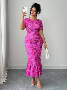 Elenzga Plus Size Women Floral Print Stretch Knit Bodycon Dress, Round Neck Short Sleeve Fitted Dress, Available In June - Hot Pink - View 3