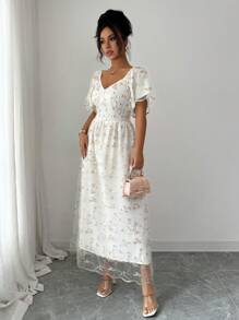 Elenzga Elegantes und modisches Damen Pendler Lässig Komfort-Kleid im charmanten Retro-Stil einer sanften Prinzessin, mit süßen Puffärmeln, Schleife in der Taille, Rückenband, A-Linie Rüschensaum und besticktem Mesh-Material