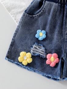 Young Girls Short Sleeve Tshirt, Stylish & Fashionable Young Girl Summer Apparel, Girls Apricot Textured Fabric Floral Print Tshirt Set - Apricot - View 7