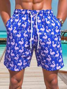 Manfinity Swimmode 男士全印花口袋抽绳腰沙滩短裤，适合夏季穿着男士火烈鸟泳裤男士泳裤火烈鸟泳裤男士蓝色泳裤男士新颖泳裤夏季连衣裙夏季，户外运动泳裤泳装男士度假男士沙滩短裤度假装热带度假男士短裤男士度假短裤，夏威夷BeachModeOn热带度假男装