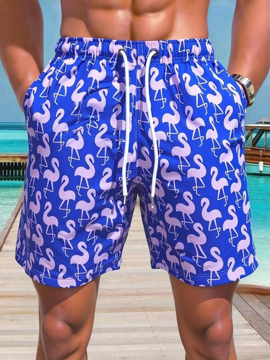 Manfinity Swimmode 男士全印花口袋抽绳腰沙滩短裤，适合夏季穿着男士火烈鸟泳裤男士泳裤火烈鸟泳裤男士蓝色泳裤男士新颖泳裤夏季连衣裙夏季，户外运动泳裤泳装男士度假男士沙滩短裤度假装热带度假男士短裤男士度假短裤，夏威夷BeachModeOn热带度假男装