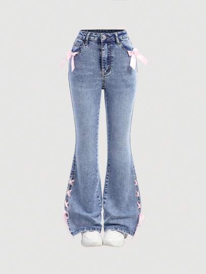 SHEIN Girlism Kawaii Tween 女孩 Y2k 甜美可爱蝴蝶结头带喇叭腿牛仔裤，带蓝色蝴蝶结装饰，磨损下摆和开衩喇叭腿，学校