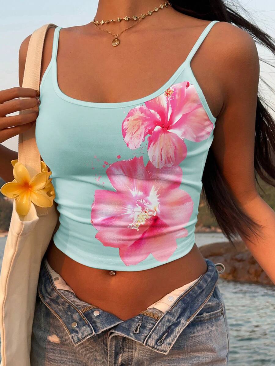 SHEIN EZwear 复古风热带粉色印花露背吊带背心，性感迷人，适合夏季外出穿着 - 彩色 - 查看 1