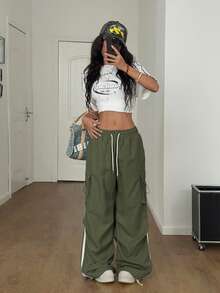 Coolane Women's Fall/Winter Back To School Streetwear Sport Basic Flap Pocket Side Drawstring Waist Parachute Grey Cargo Pants