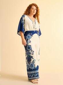 CAJUNI Plus Size Women Boho Vintage Blue Tropical Floral Print Straight Leg Casual Pants - Multicolor - View 6