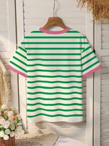 Sparklyn 女童条纹印花圆领短袖宽松绿色休闲基本款T恤，夏季 - 白色 - 查看 2