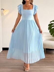 SHEIN LUNE Plus Size Elegant Square Neck Multi-Layer Ruffle Cap Sleeve Chiffon Pleated Splice Dress - Baby Blue - View 3