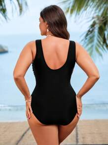 Swim SPRTY 大码女式拼布无袖圆领连体泳衣，休闲海滩度假