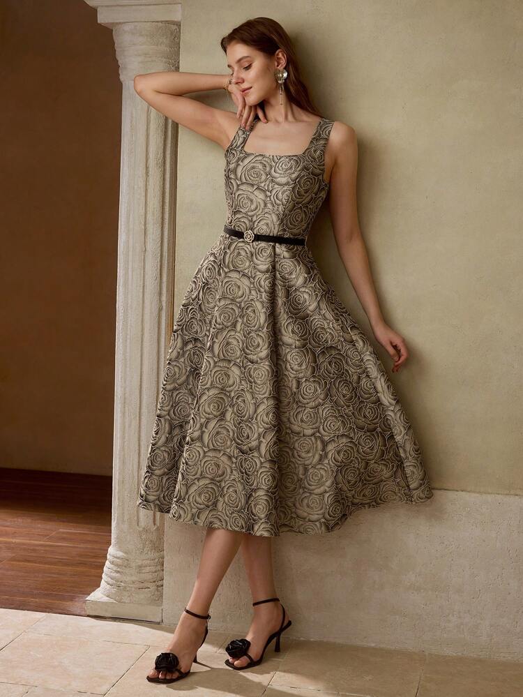 FLORAL JACQUARD FLARED DRESS