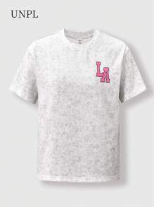 SHEIN Set 1 tricou cu mânecă scurtă și pantaloni lungi evazați pentru fete, vintage, casual, cu guler rotund, model cu litere, potrivit pentru joacă în aer liber și școală - Gri - Vizualizare 2