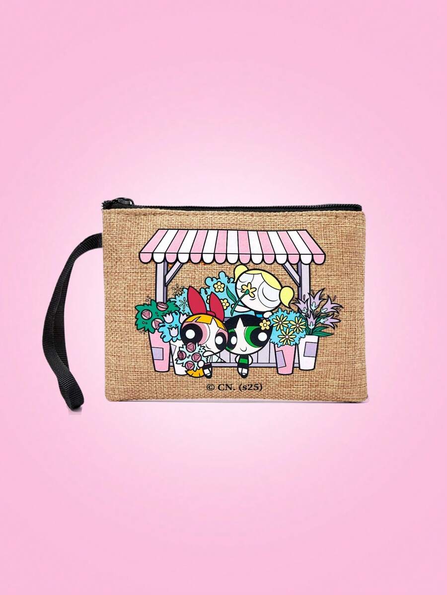 THE POWERPUFF GIRLS X SHEIN 花开、泡泡、毛茛图案拉链化妆包，时尚