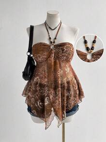 Sunspun Plus Size Women's Spring And Summer Vacation Casual Retro Mesh Print Backless Suspender Y2k Chest Fold Decoration Bead Pendant Women's Bohemian Beach Women's Suspender Vest Boho  Vintage