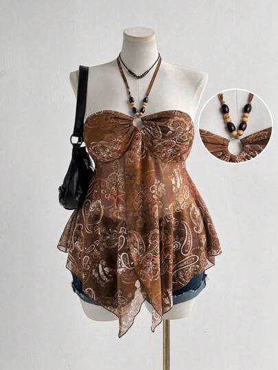 Sunspun Plus Size Women's Spring And Summer Vacation Casual Retro Mesh Print Backless Suspender Y2k Chest Fold Decoration Bead Pendant Women's Bohemian Beach Women's Suspender Top Boho Vintage