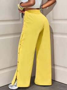 BamGleam Women's Solid Color Elastic Waist Button Design Split Wide Leg Pants Fall Cloth For Women - Yellow - View 2