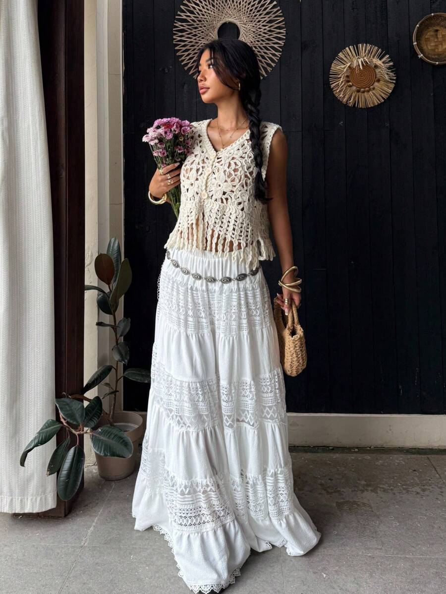 SHEIN EZwear New Women's Light Hand-Crocheted Cardigan, Apricot Color, Suitable For Seaside Vacation, Comfortable And Versatile Summer Fashion Items