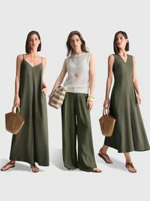 Ontre 2025秋季女士休闲宽松褶裥阔腿裤，适合波西米亚风、度假、节日、商务休闲、海滩、生日派对、教师节、圣诞节等场合穿着 - 軍綠色 - 查看 3