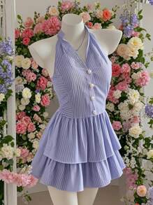 SHEIN Unity 女式休闲通勤迷你条纹锁孔前开襟溜冰裙 - 藍色 - 查看 1