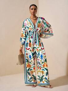 Zivah 优雅度假浪漫春季花卉印花系带宽松女式连体裤 - 彩色 - 查看 1