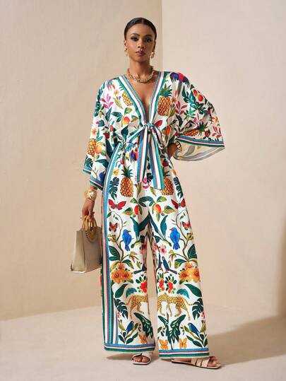 Zivah Elegant Resort Romantic Spring Floral Print Tie-Up Loose Women's Jumpsuit