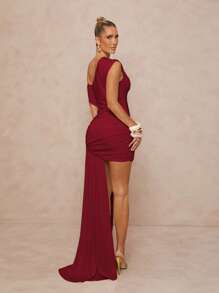 Lumalex Sleeveless V-Neck Ruched Waist Slit Hem Mini Dress For Women