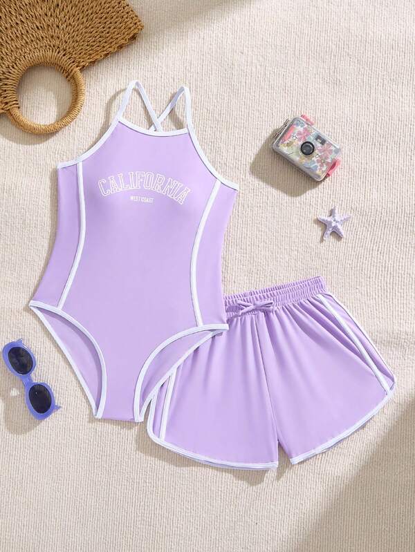 1pc Tween Girl Purple Sweet Solid Color English Letter Print Comfortable And Fashionable One-Piece Swimsuit With Swimsuit Bottom Shorts Lavender Swimsuits California Girls Bathing Suit Teen Girl Swimsuits Girls Swimsuits With Shorts Lavender Swimsuits For Teens Two Piece Swimsuits For Teens California Girls Swimsuits