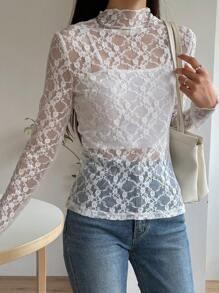 DAZY Mock Neck Lace Top Without Camisole Sheer Long Sleeve Women Tops,Fall Women Clothes - White - View 4