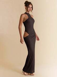 SHEIN BAE 杏色无袖不对称镂空修身长裙，优雅长裙，适合度假、海滩、婚礼、春夏季 - 咖啡棕 - 查看 6