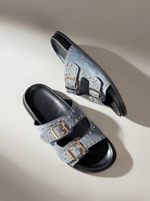 Solecia 女士时尚黑色休闲舒适平底沙滩凉鞋 - 淺藍色 - 查看 6