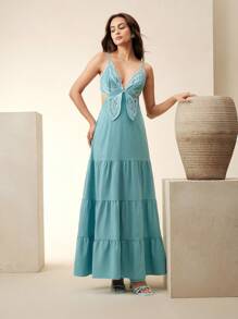 Anewsta Women's New Elegant Dignified V-Neck Waist Cinched Butterfly 3D Embroidery Spaghetti Strap Dress, Fresh Lake Blue Multi-Layer Ruffle Shoulder-Revealing Christmas Vibe Niche Delicate Slimming Dress - Blue - View 5